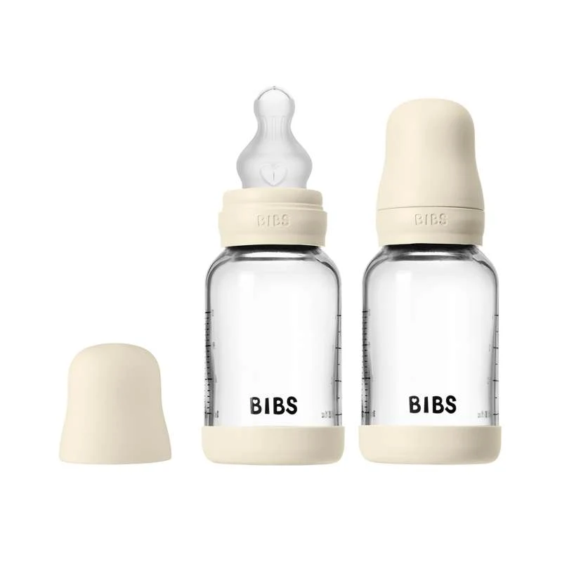 BIBS Bottle - Nappflaskeset - Glas - 2-pack - Silikon/Slow Flow/Rund - 120ml - Ivory