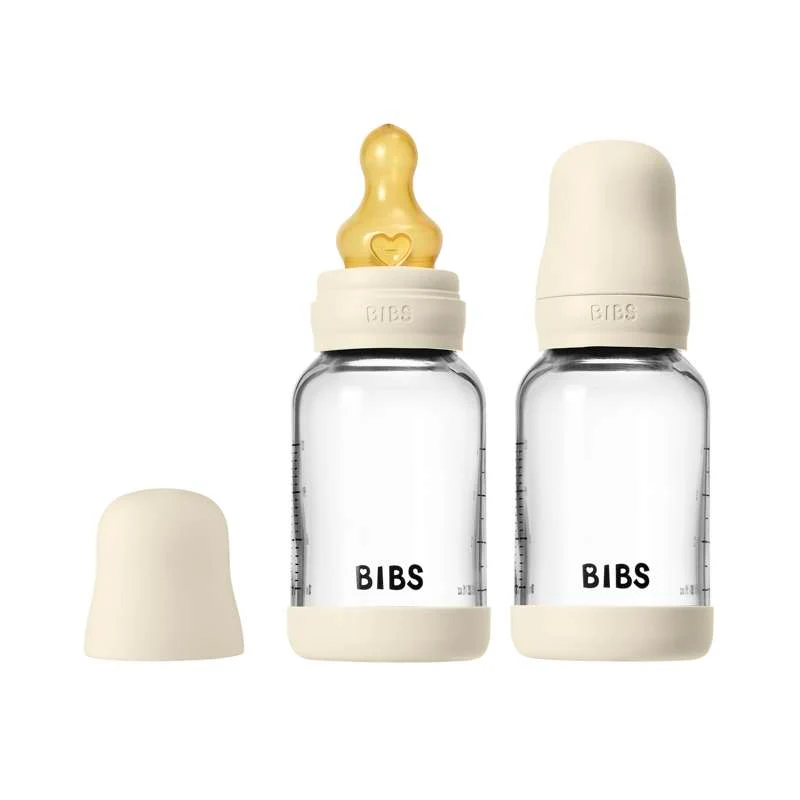 BIBS Bottle - Flaska-set - Glas - 2-pack - naturgummi/Slow Flow/Rund - 120 ml - Ivory