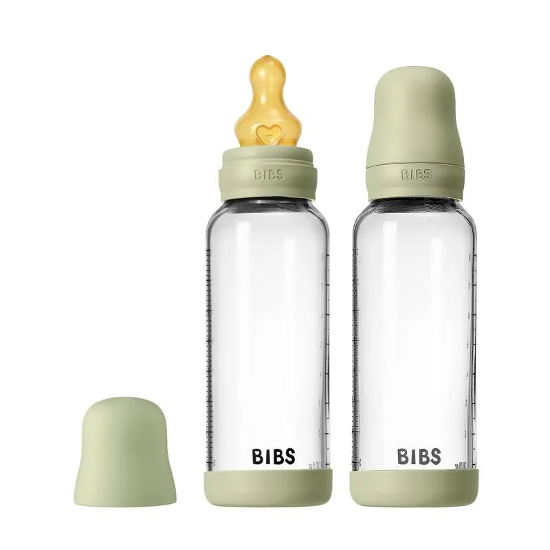 BIBS Flaska - Flaskset för nappflaska - Glas - 2-pack - naturgummi/Slow Flow/Rund - 240 ml - Sage