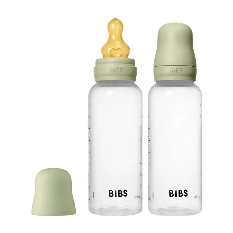 BIBS Bottle - Flaskset för nappflaska - Plast - 2-pack - naturgummi/Medium Flow/Rund - 270ml - Sage
