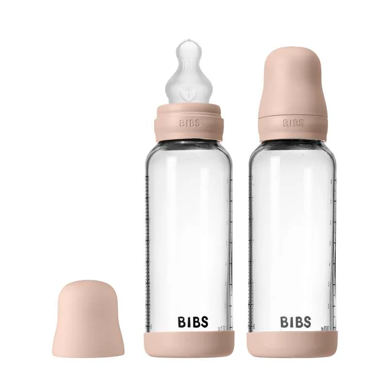BIBS Flaska - Flaskset för nappflaska - Glas - 2-pack - Silikon/Långsam flöde/Rund - 240 ml - Blush