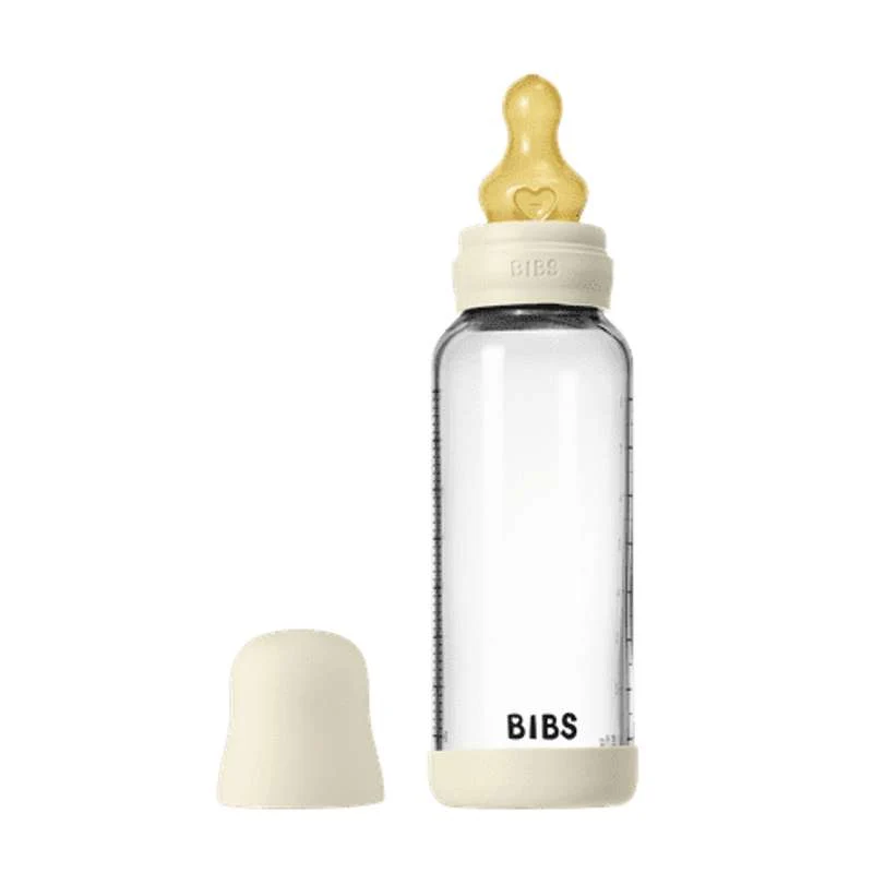 BIBS Bottle - Nappflaskset - Glas - Naturgummi/Medium Flow/Rund - 240ml - Ivory