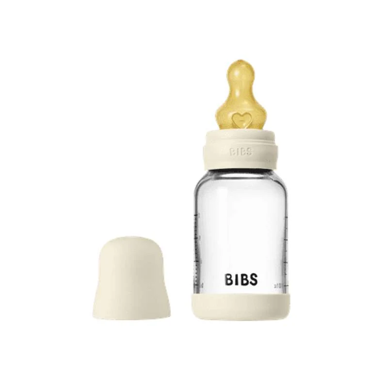BIBS Bottle - Nappflaskset - Glas - Naturgummi/Slow Flow/Rund - 120ml - Ivory