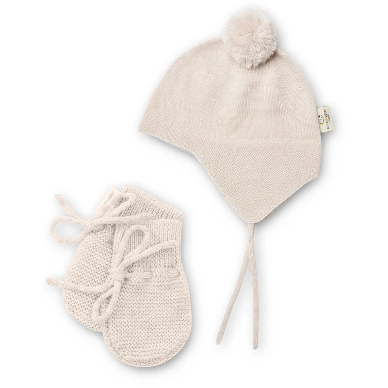 COPENHAGEN COLORS Pale Cream Melange Merino Strikket Baby Bonnet M/ Pompom + Baby Votter