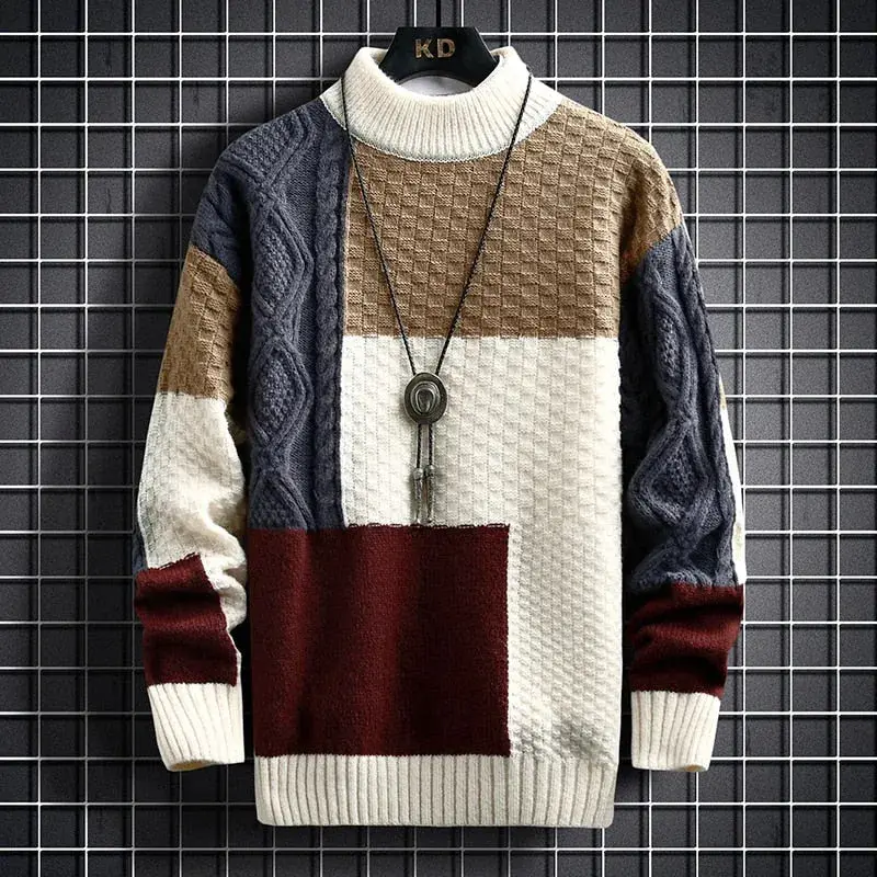 Herresweater i Strik med Løs Pasform og Moderne Patchwork