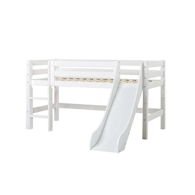 Hoppekids ECO Luxury - Halvhög Säng m. Rutschkana - 90x200 cm. - Flexibel Ribbotten - Vit
