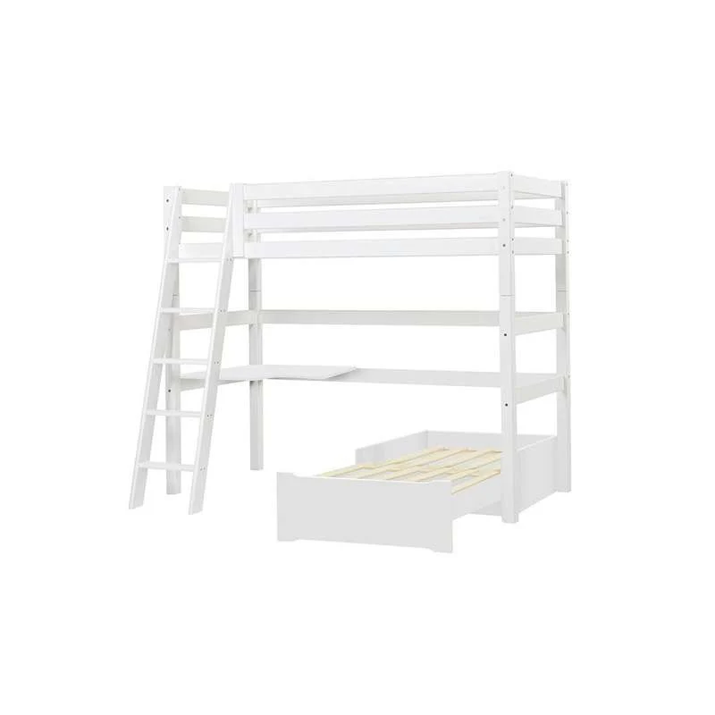 Hoppekids ECO Luxury - MEGA Säng m. Lounge-modul och bordsskiva - 90x200 cm. - Sned stege - Flexibel ribbotten - Vit