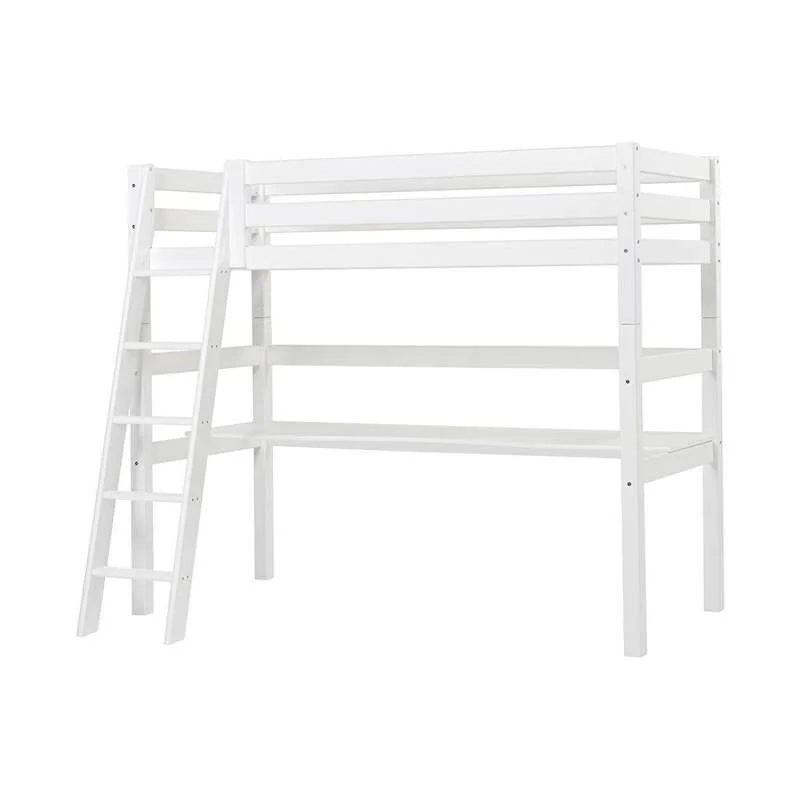 Hoppekids ECO Luxury - Högsäng med Bordsskiva - 90x200 cm. - Sned Stege - Flexibel Ribbotten - Vit