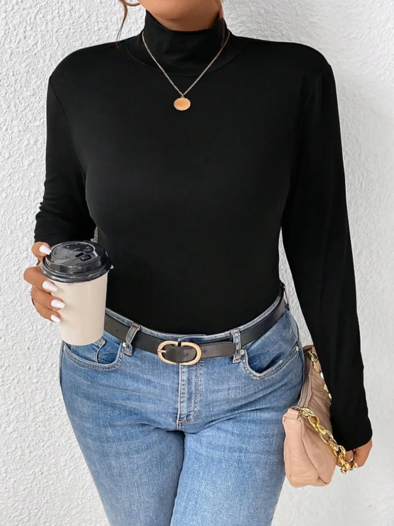 Plus Size Långärmad Polotröja med Tight Passform