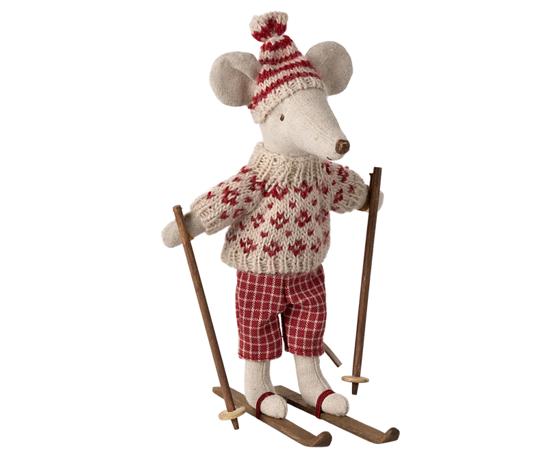 Winter mouse with ski set, Mum - Red