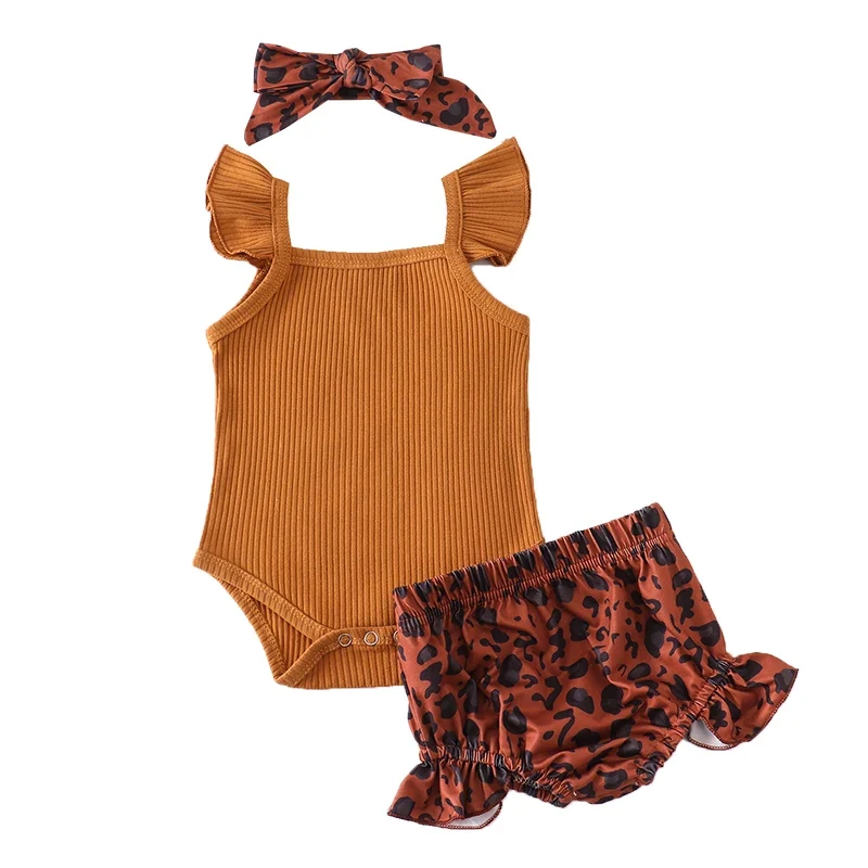 Babyflicka Orange Body-set - Leopardmönstrade Shorts & Rosett Hårband