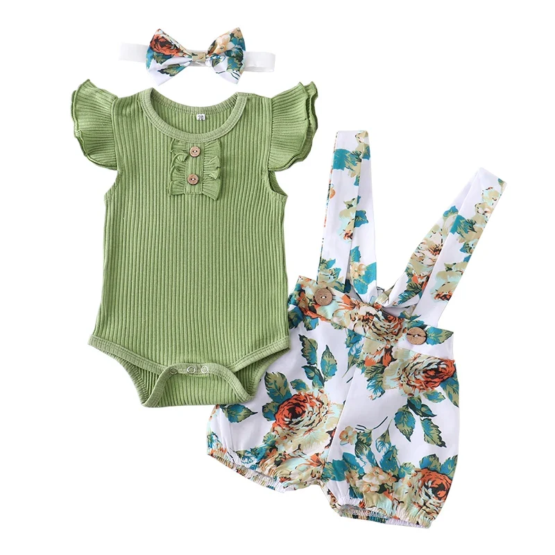 Ljusgrön Body-set Babyflicka - Vitblommiga Shorts & Rosett Hårband