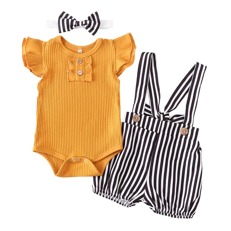Baby Flicka Gul Body med Randiga Shorts och Rosett Hårband