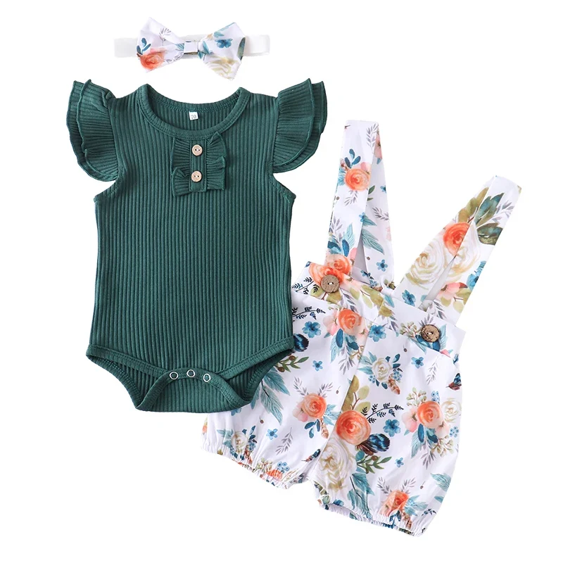 Charmigt Grönt body-set för babyflickor - blommiga shorts och rosett hårband