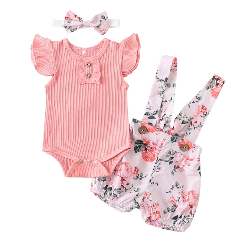 Rosa Body-set med Blommiga Hängselshorts & Rosett