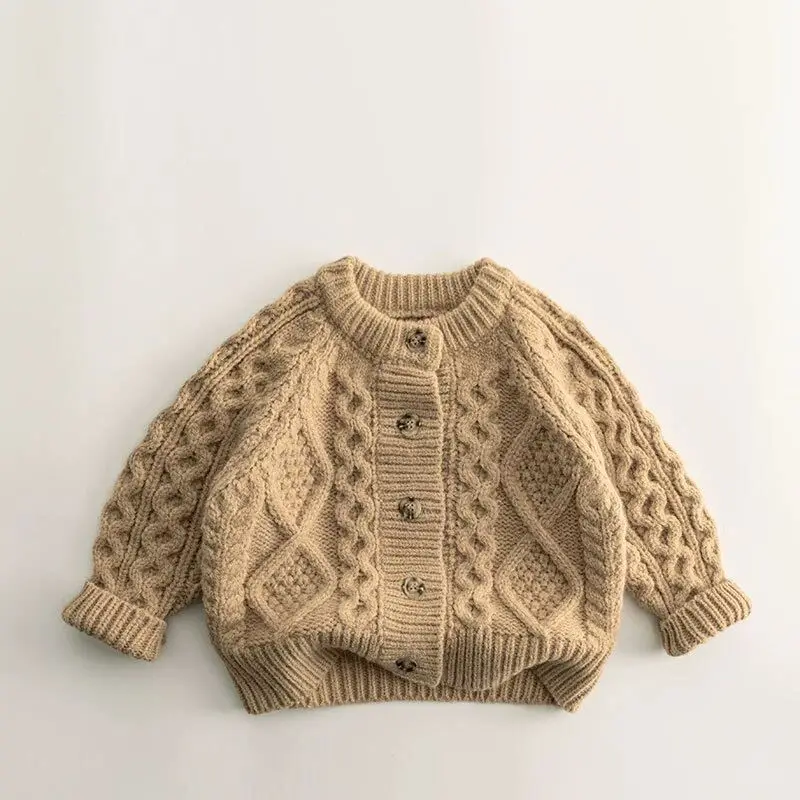 Handstickad Beige Baby Cardigan Ull Kofta