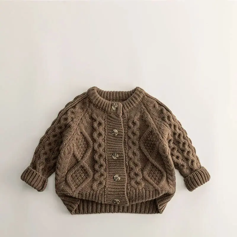 Handstickad Brun Baby Cardigan Ull Kofta