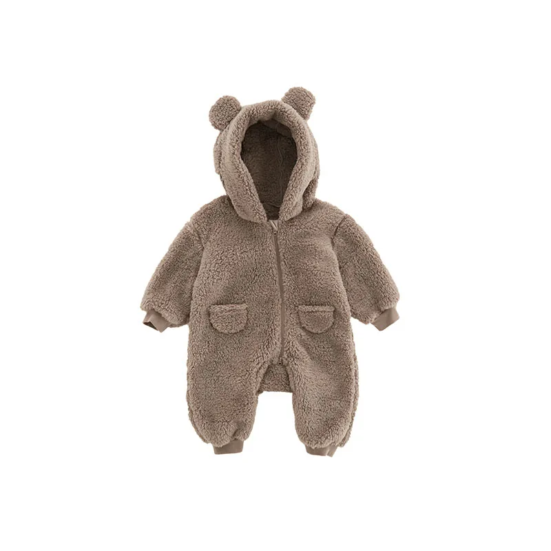 Mysig brun babyoverall – Varm fleece med huva och öron