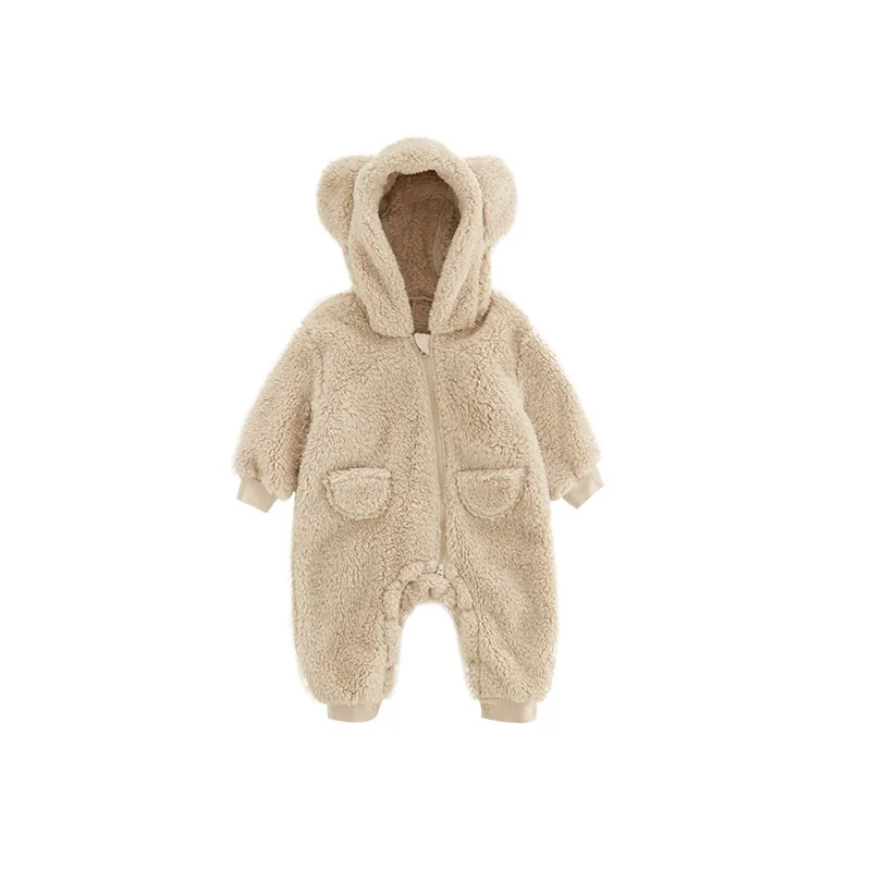 Beige Fleece Romper Overall med Huva