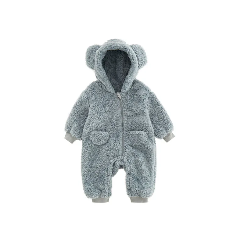 Grå Varm Fleece Babyoverall med Huva och Öron