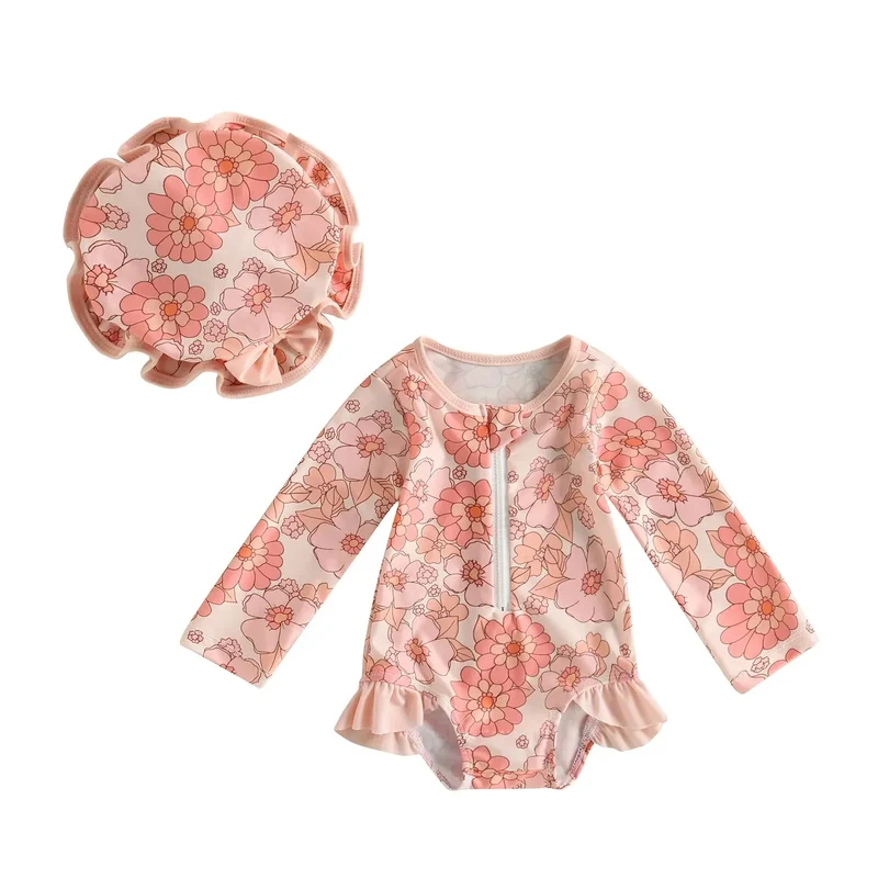 Rosa Långärmad Baby UV-Baddräkt Blommig
