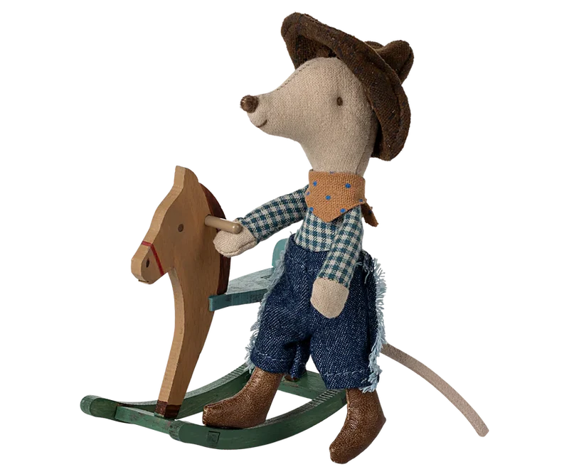 Cowboy mouse on rocking horse, Little brother
