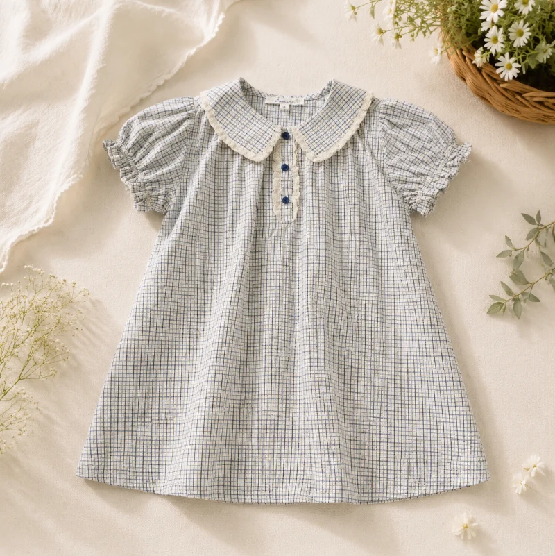Check Dress – Mjuk och andningsbar – Klassisk krage med puffärmar