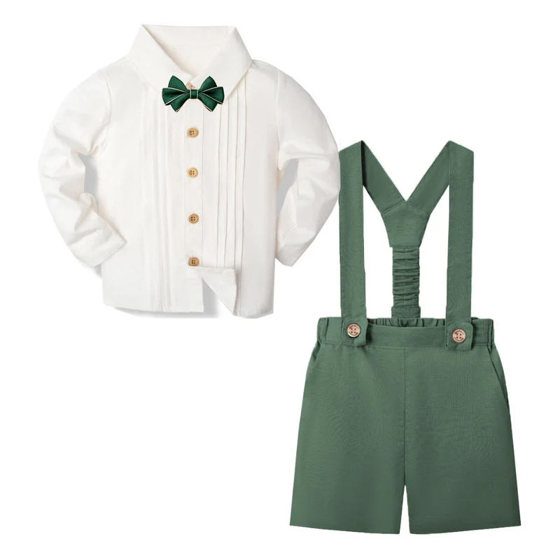 LittleDandy – Klassiskt & elegant – Bomullsshorts med hängslen, rosett & skjorta