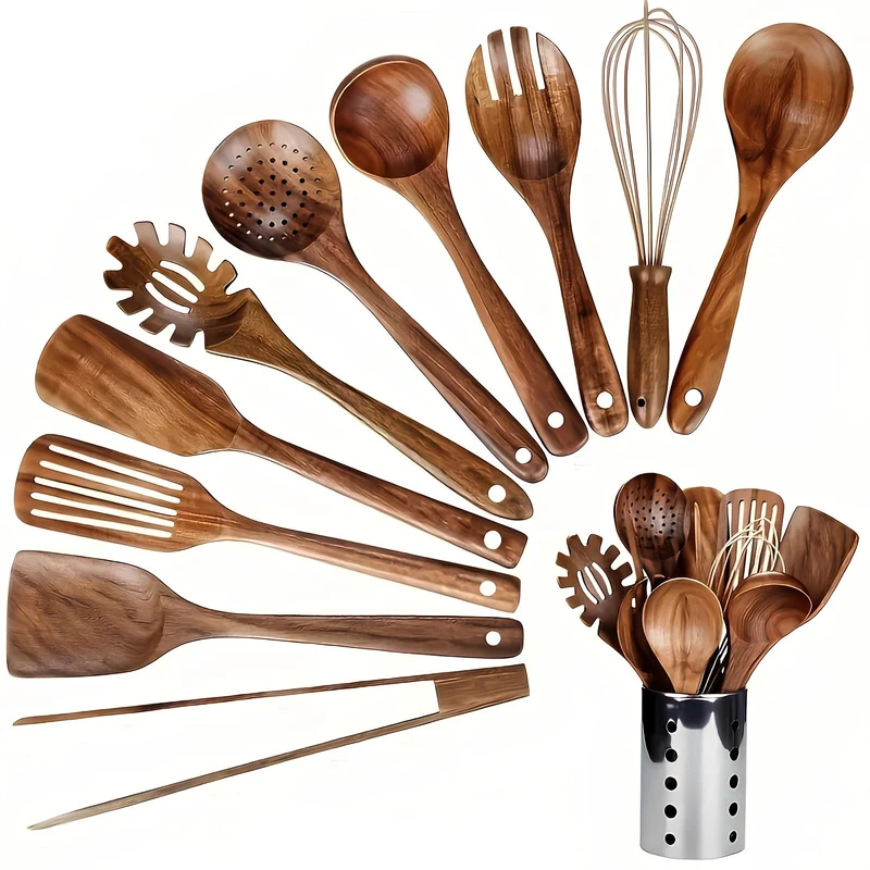 Teak Køkkenredskabssæt med Holder – Elegant og Praktisk
