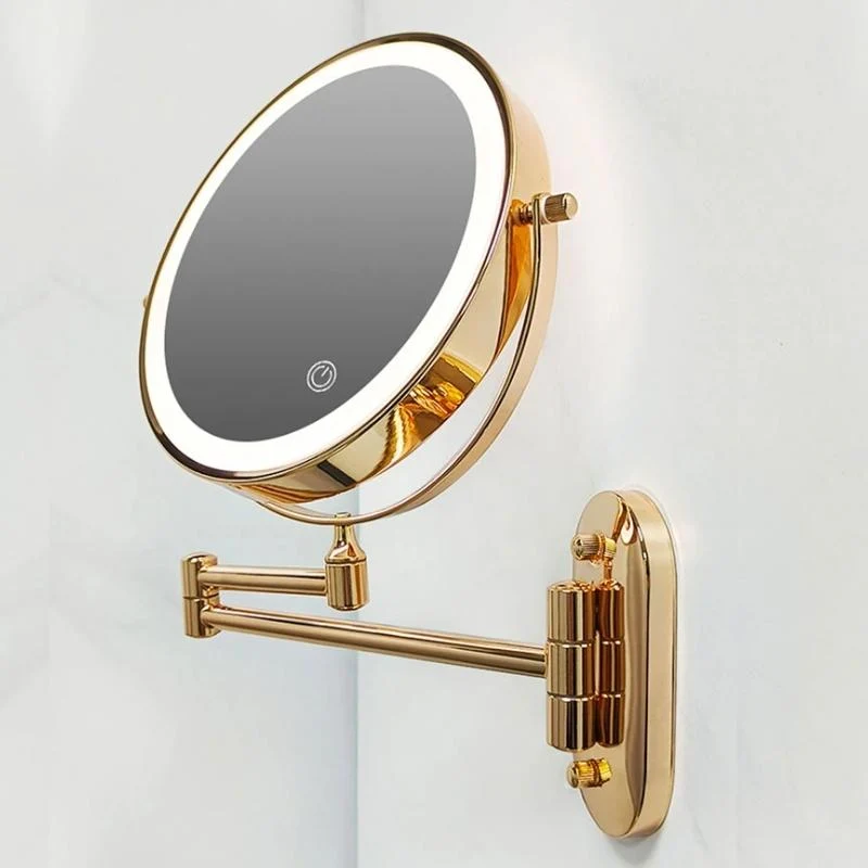 Elegant LED Vægspejl med Forstørrelse og Guld Finish