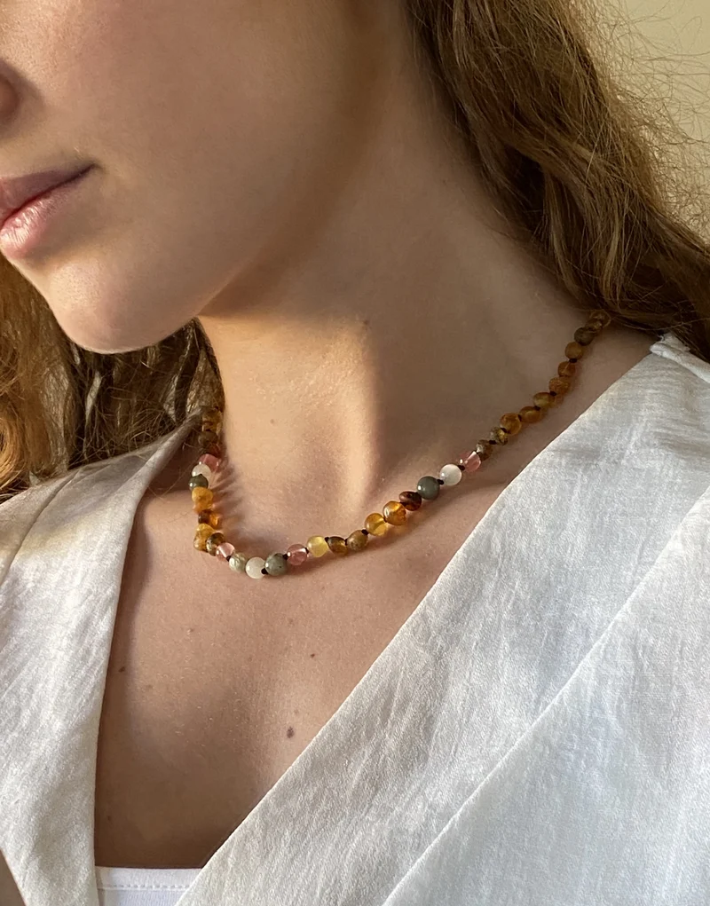 Rav halskæde med sølvlås - voksen - rav-månesten- rose quartz & smokey quartz - 45 cm.