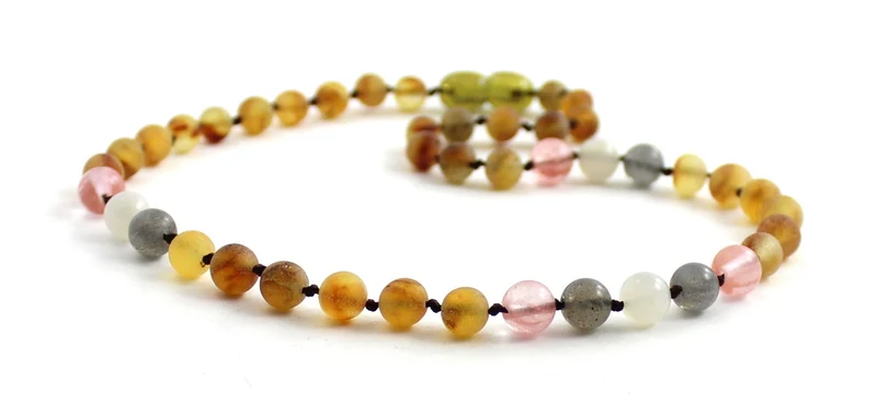 Rav halskæde - baby & barn - rav/månesten/ rose quartz & smokey quartz