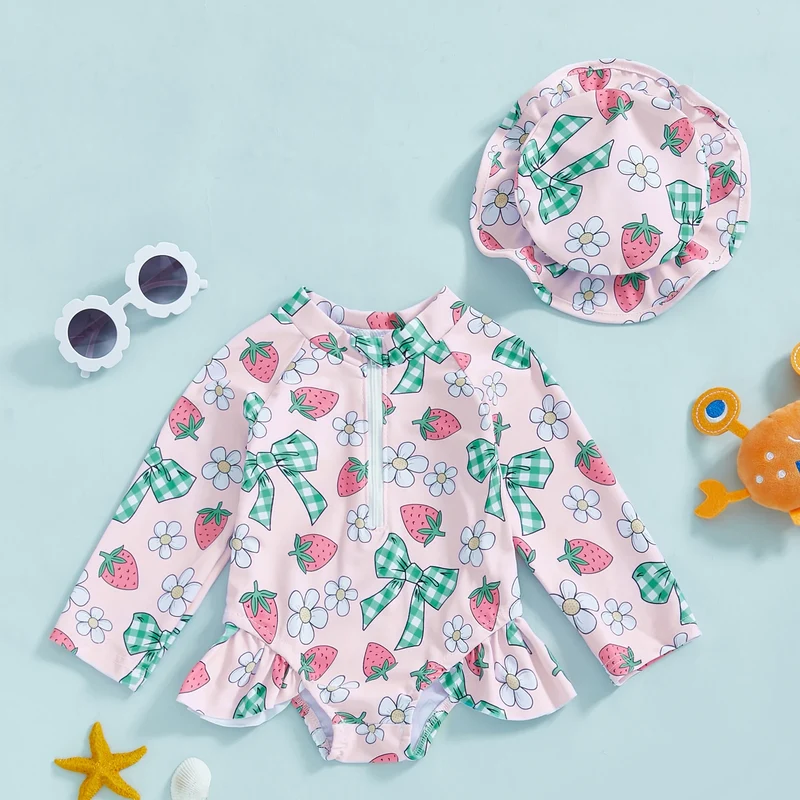 Baby Girls Floral Rash Guard with Hat – Zip Up