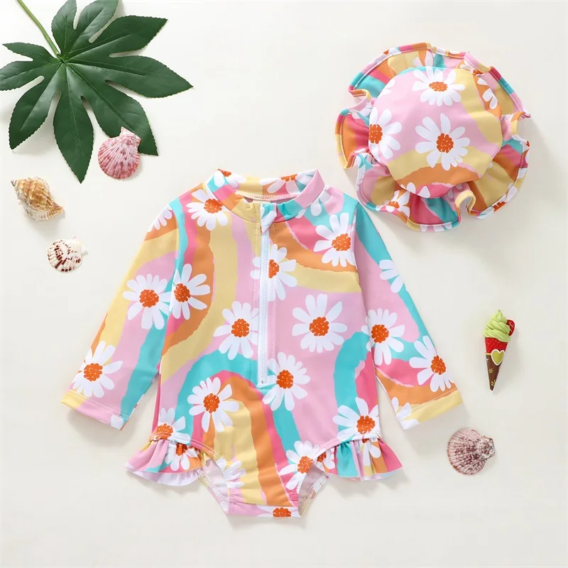 Baby Girl UV Swimsuit with Hat – Long Sleeve Zipper