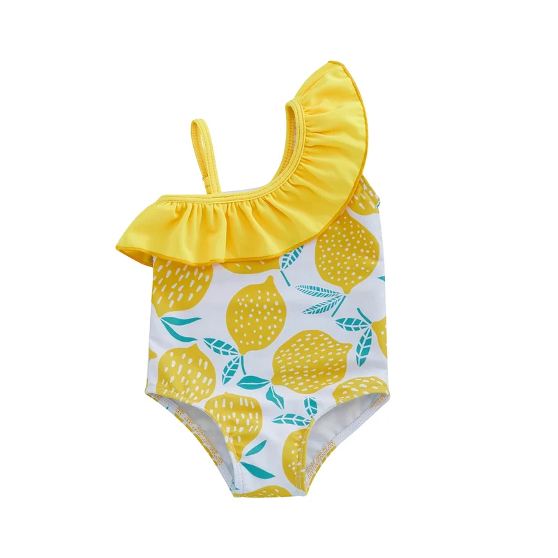 Baby Girls One-Shoulder Swimsuit – Lemon Print