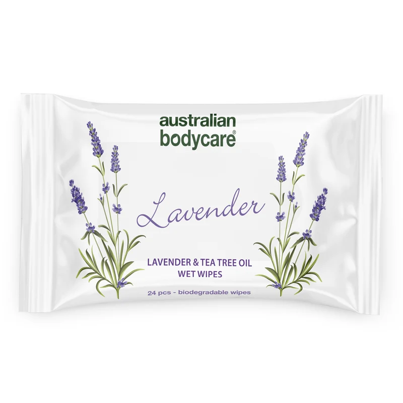Våtservetter för händer och kroppstvätt med lavendel & tea tree oil 24 st. — För rengöring och fuktvård av ansikte och kropp