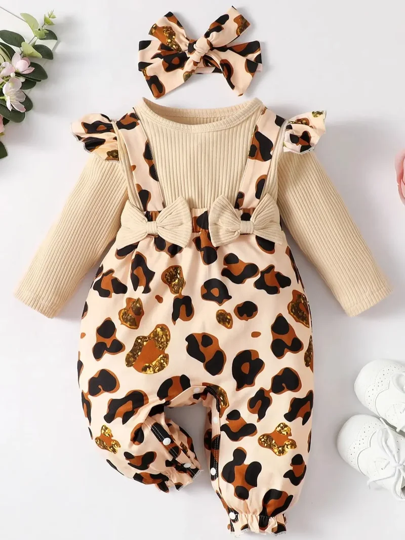 Baby Girl Leopard Jumpsuit Set – Ruffle Trim & Headband