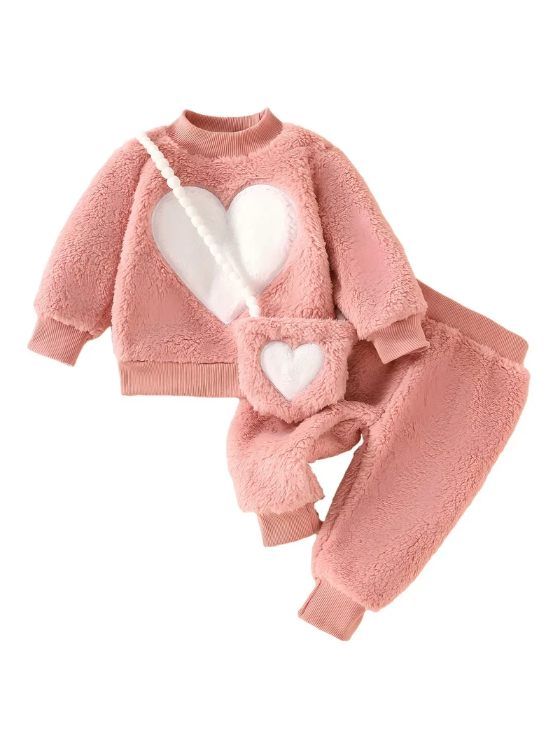 Baby Girl 3-Piece Outfit – Fuzzy Heart Set