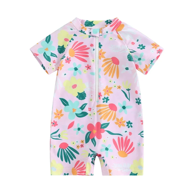 Baby Girls Rash Guard Romper – Floral Zip Up