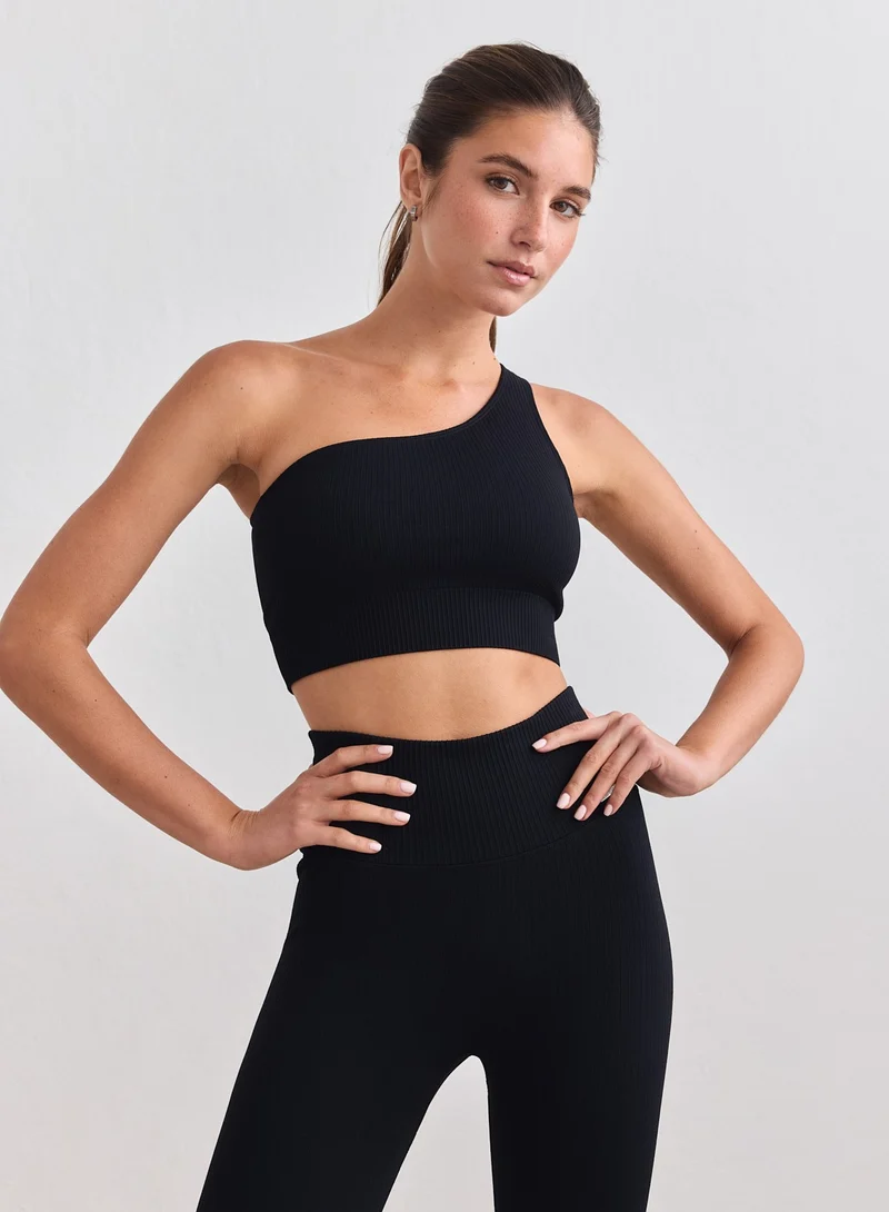 Black Ribbed Seamless One Shoulder Bra