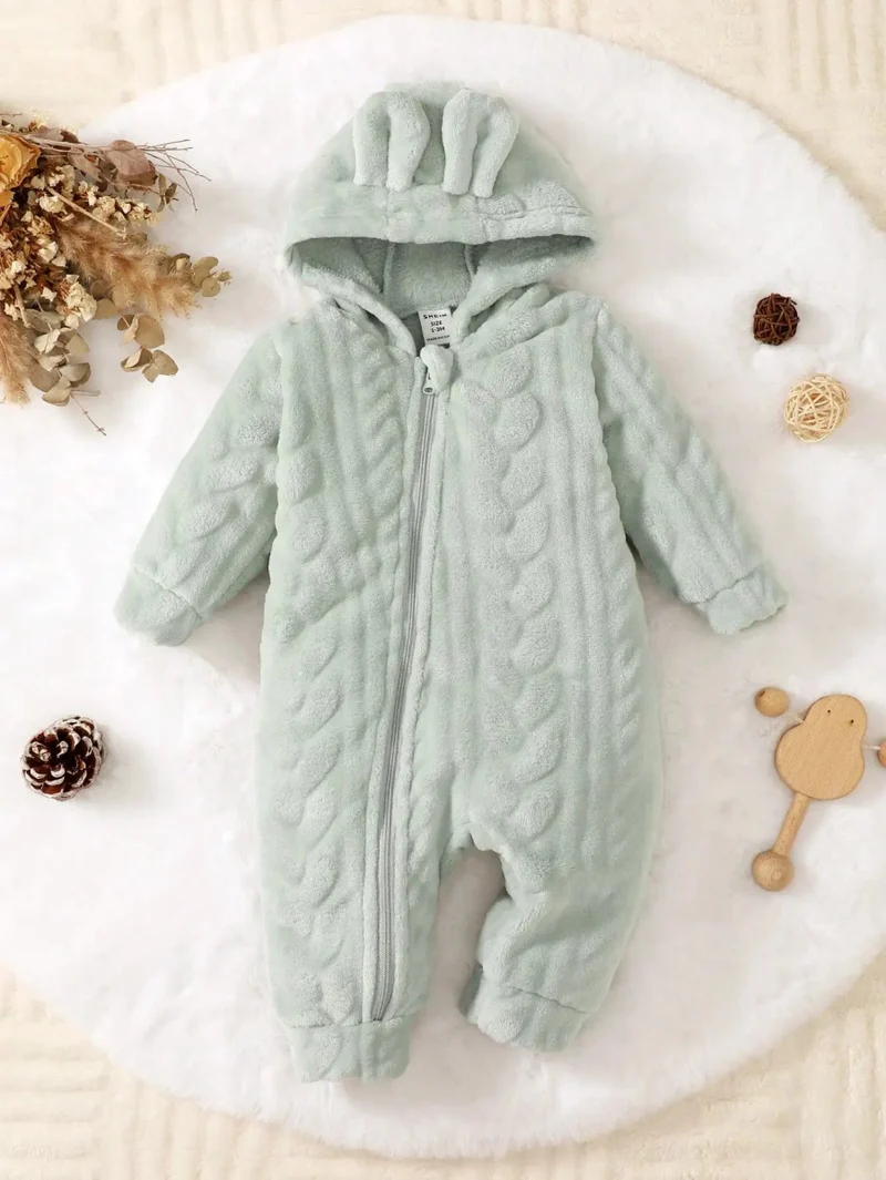Baby Hooded Jumpsuit – Plush Winter Romper (0–18 Months)