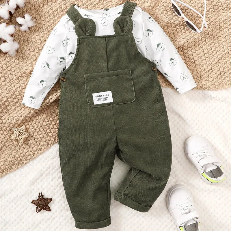 Bear Print Bodysuit & Overalls – Cozy Fall Comfort
