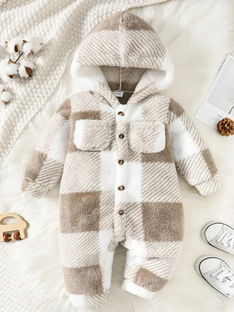 Baby Plaid Fluffy Fleece Long-sleeve Romper
