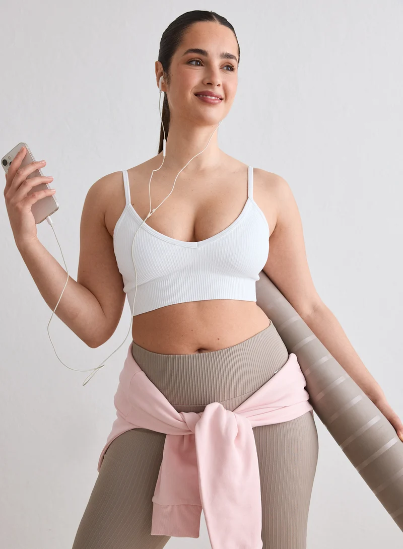White Ribbed Seamless Deep Cut Bra