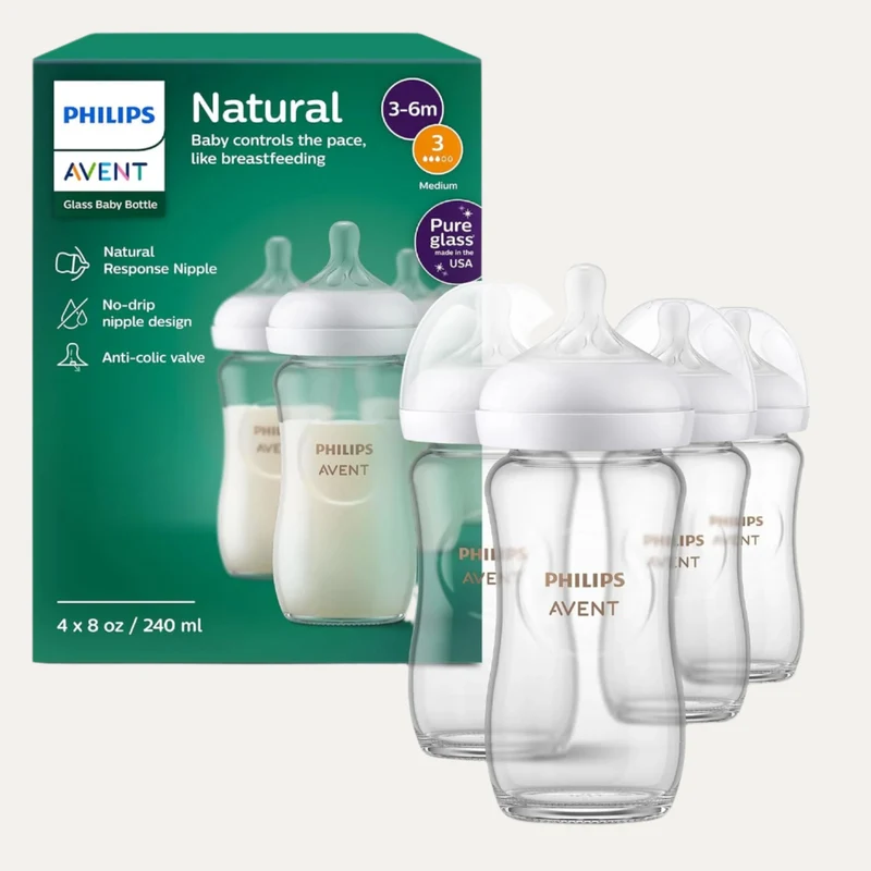 Natural Glass Baby Bottles with Natural Response Nipples (Medium Flow, Flow 3) 4pack