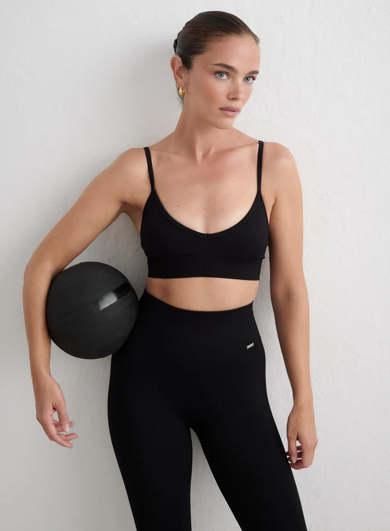 Black Ribbed Seamless Deep Cut Bra