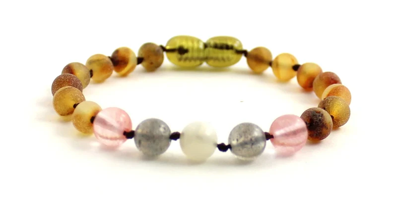 rav armbånd - større børn - rav/månesten/rose quartz & smokey quartz