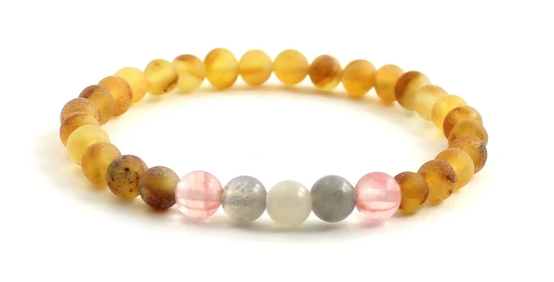 rav armbånd - voksen - rav/månesten/ rose quartz & smokey quartz - 18 cm.
