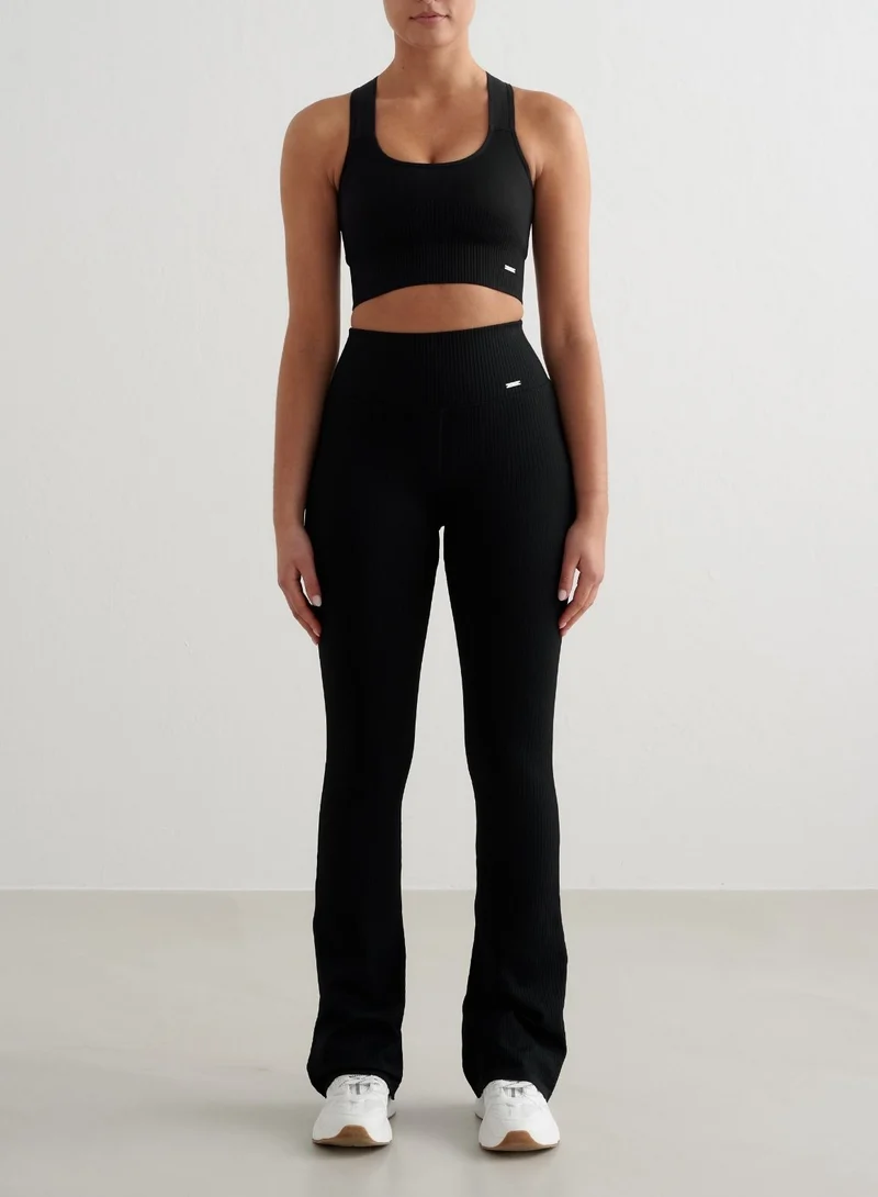 Black Ribbed Seamless Flare Tights