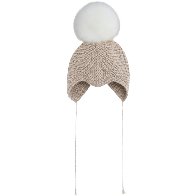 Huttelihut Off-White Bonnet Ull Strikk Alpaca Pompom